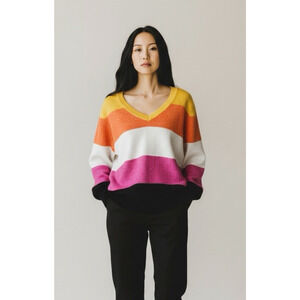 Lane Bryant Classic V-Neck Tunic Striped Orange Yellow Pullover Sweater 14/16